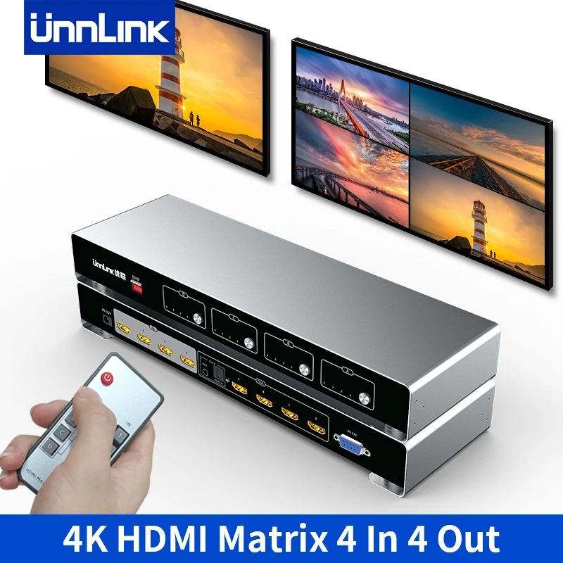 

Unnlink 3 In 1 HDMI Matrix & Multiviewer & Audio Extractor 4 In 4 Out 4K 30Hz HDMI Switch Splitter 4x4 Out with Toslink, 3.5mm