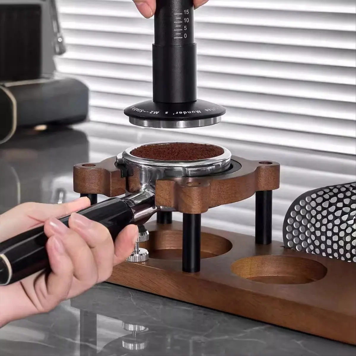 AA77 NEW Espresso Coffee Tamper 53MM 54MM 58MM, Walnut Wood Storage Rack & Portafilter Holder, BaristaAccessories Stand