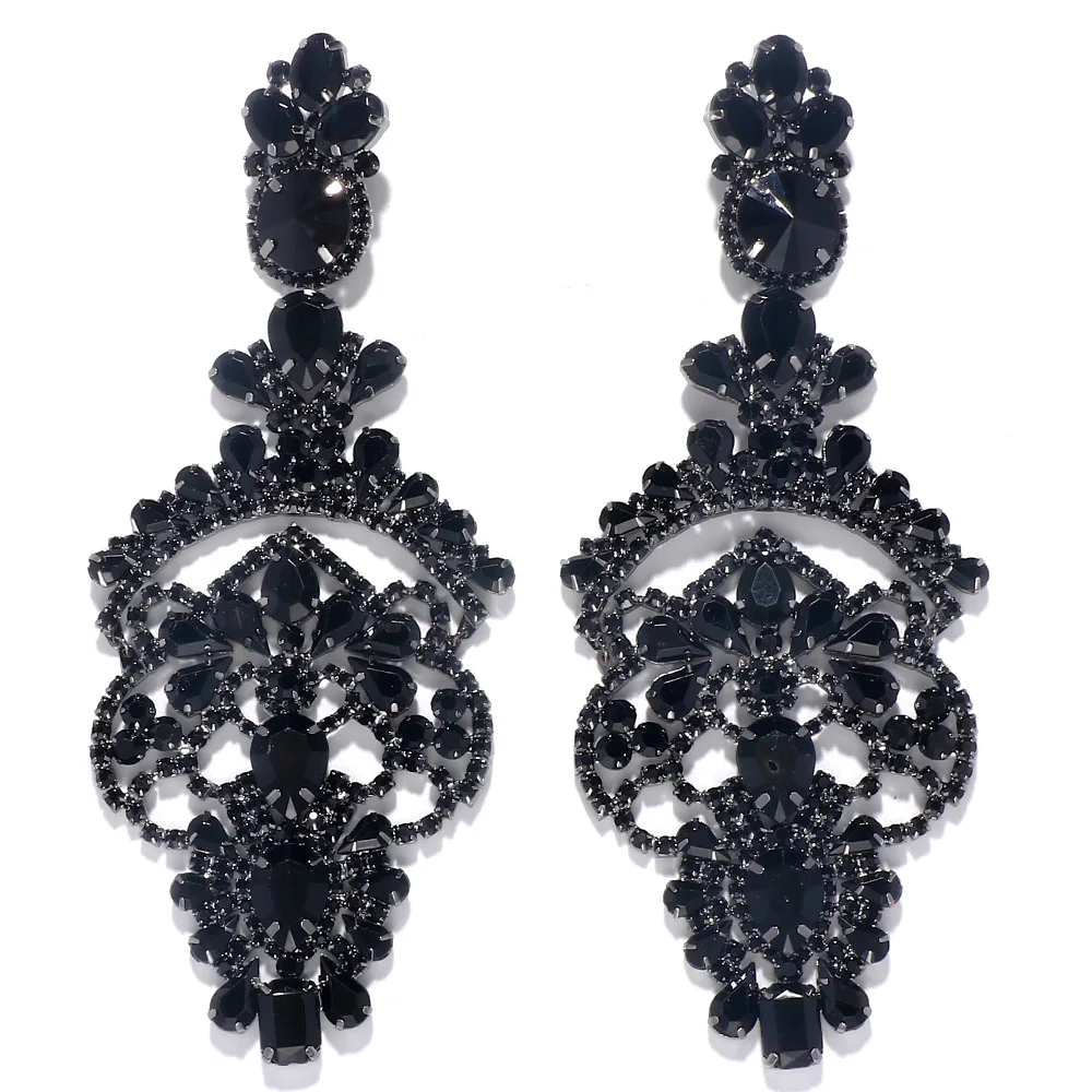 Exaggerated Black Crystal Earrings Statement Accessories 2024 for Women Oversize Rhinestone Large Dangle Earrings Prom Jewelry