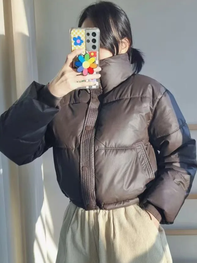 Winter Thiened ort PU Leather Bread Coat Women's Warm Cotton Jaet Stand Collar Outerwear Sli Retro Design Commute