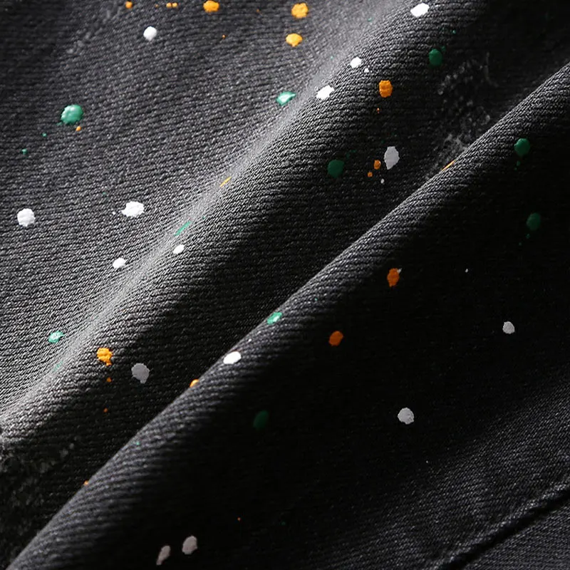 High Street Fashion Men Jeans Retro Black Gray Stretch Slim Fit Printed Ripped Jeans Men Painted Designer Hip Hop Denim Pants