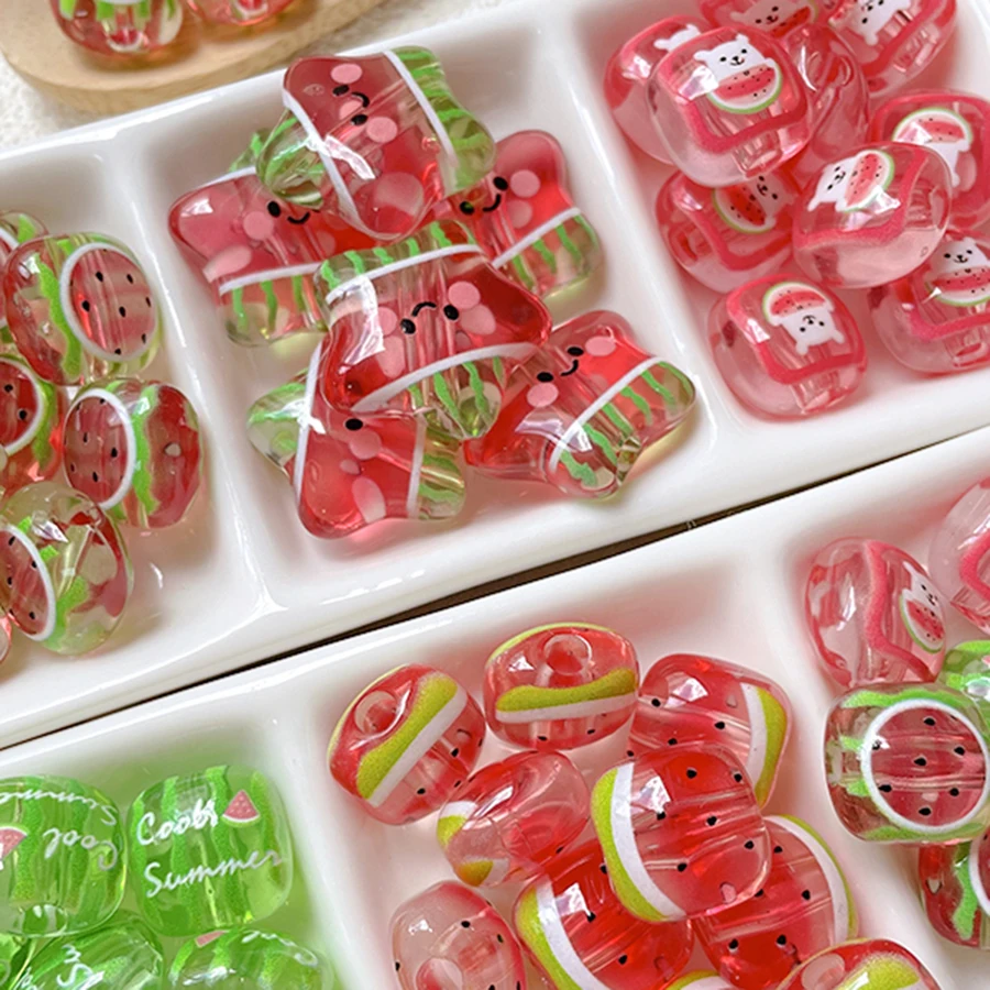 6pcs Acrylic Beads Watermelon Bear Smiling Round Chubby Cherry Blossoms Square Stars Diy Beads Loose Beads Chain Beads Materials