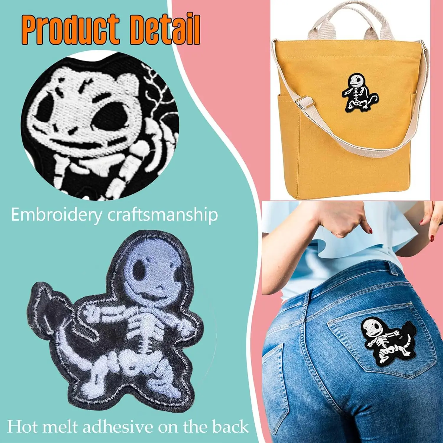 3er-Set Schwarz-Weiß Totenkopf-Dinosaurier Aufbügel-Patch, bestickte Aufbügel-/Näh-Reparatur-Applikation, DIY-Reparaturzubehör – Detail 3