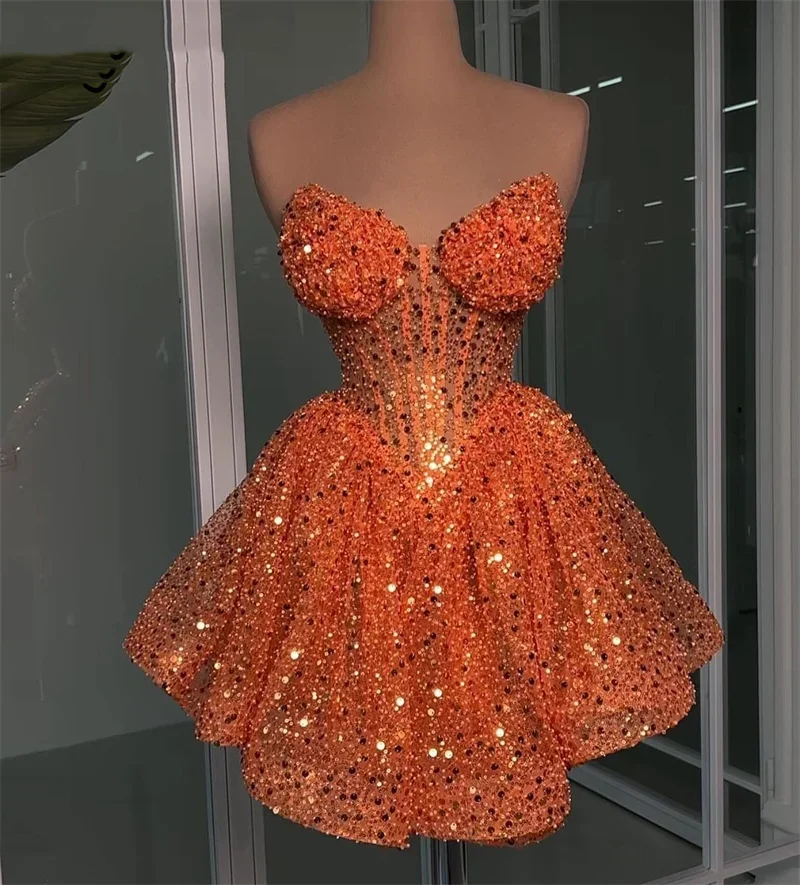 Vestidos de noite brilhantes sem alças lantejoulas sem mangas mini vestido de festa de baile personalizado