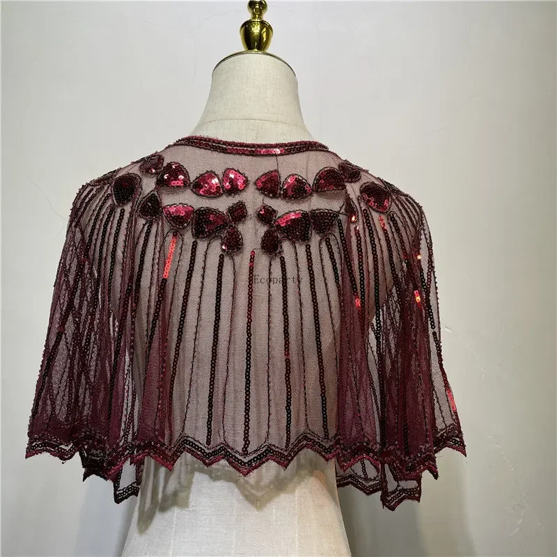 1920s Flapper Shawl Sequin Beaded Short Cape Beaded Decoration Great Gatsby Party Mesh Short Cover Up Dress Accessory Disfraz