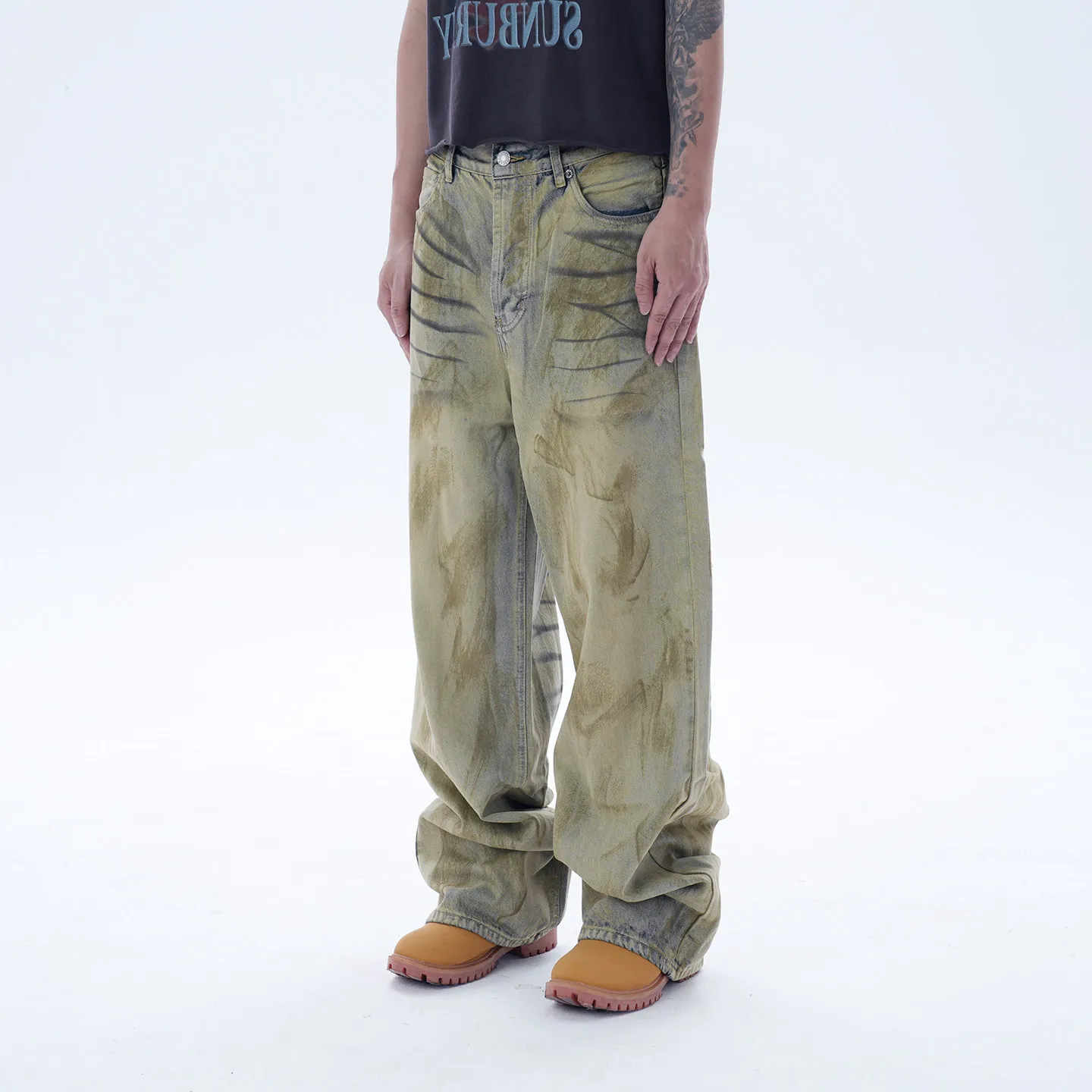 Fashion American Retro Minority Heavy Industry Yellow Washed Cat Must Be Distressed Brush Dirty Loose Wide Leg Jeans Men