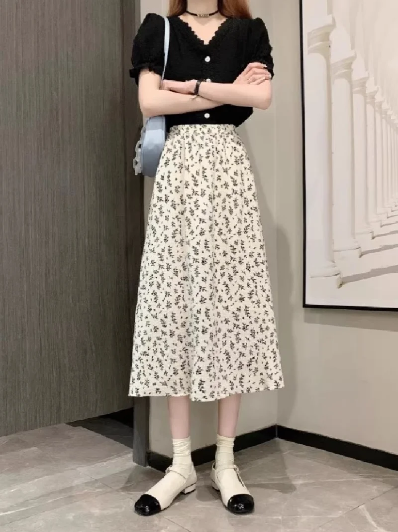 Floral Midi Skirt for Women - High Waisted A-Line Summer Skirt, Slimming Loose Fit, Casual Boho Beach Vacation Skirt w2381