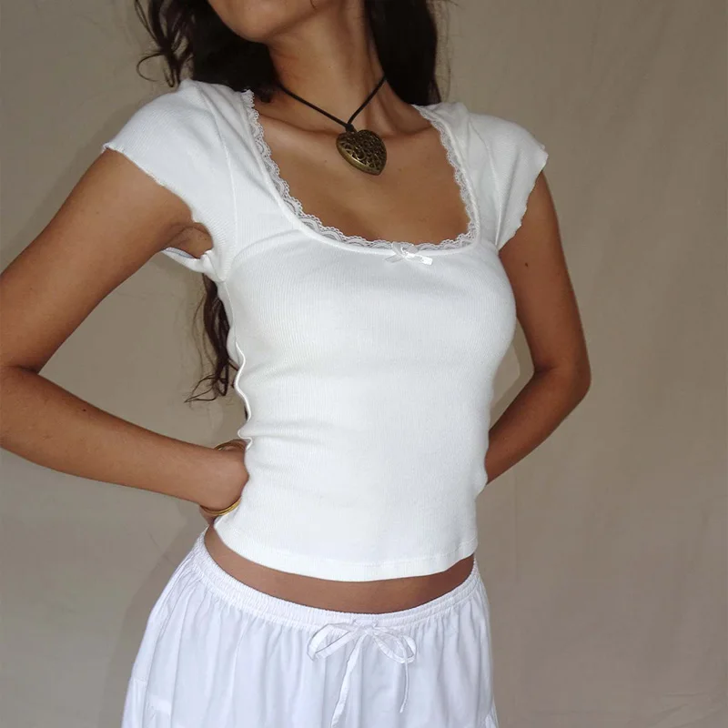 Women's Vintage Baby Tee Cottage Lace Trim Knitted T-Shirt, White Milkmaid Crop Top, Short Sleeve Tee Shirt, Summer, Y2K