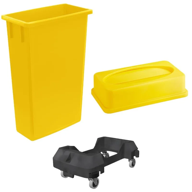 

23 Gallon Slim Trash Can with Dolly and Lid, Heavy-Duty Wheeled Waste Bin, Commercial Rolling Recycle Container, Durable Plastic