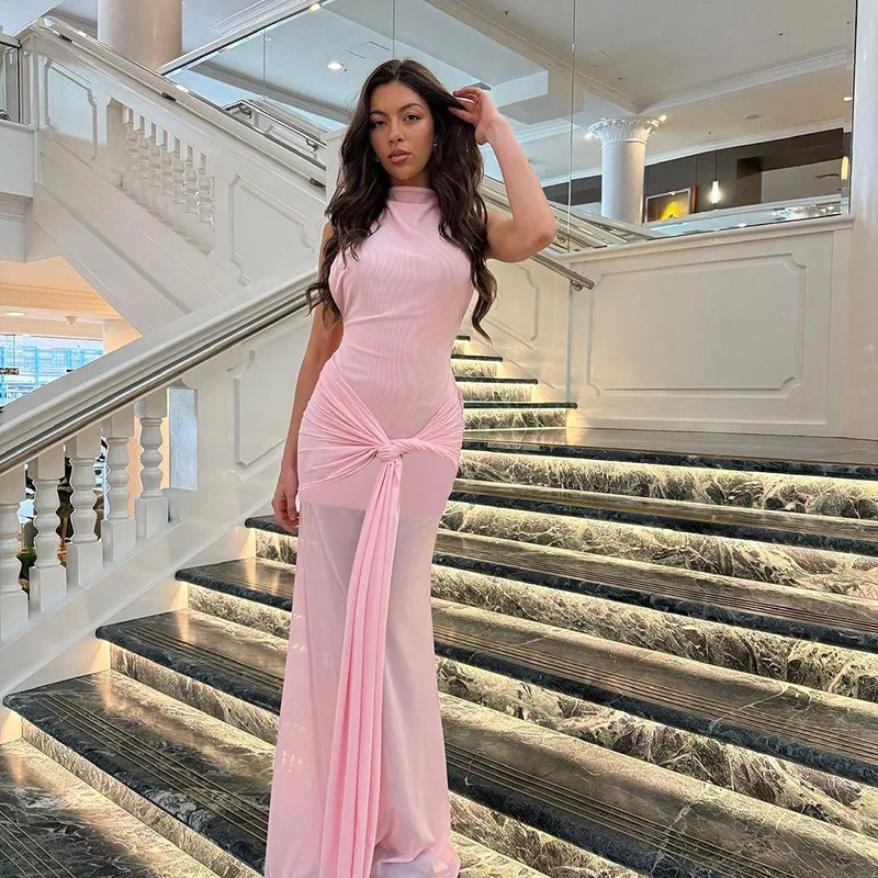 DSMTRC Women's Summer Sleeveless Bodycon Long O-neck Tank Dresses Solid Mesh Patchwork Sexy Maxi Dress Lace-Up Bandage Vestidoes