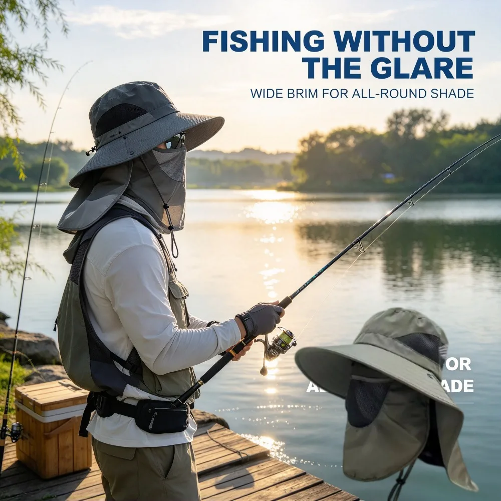 UPF 50+ Sun Hat with Face Neck Flap Cover Wide Brim Fishing Hat Outdoor UV Protection Breathable Cap for Men Women