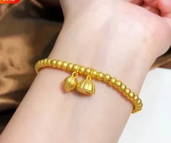 100% pure gold 24k bracelets for women 999 yellow gold beads charms bracelet 4mm beads gold lotus hand string