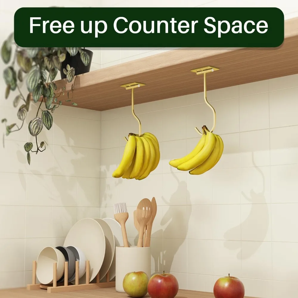 2-Pack Self-Adhesive Banana Holder, Foldable Under Cabinet Kitchen Hook with Magnet, Space Saving Storage Hanger for Fruit, Gold