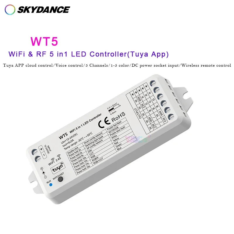 

WT5 Skydance 12V 24V LED strip tape (RGB,RGBW,RGB+CCT,CCT,Single color) 5 in 1 WiFi controller 2.4G RF Remote,Tuya APP Control