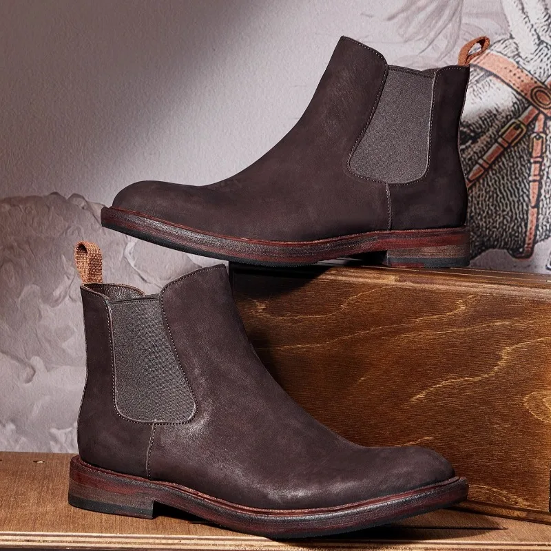 

Handmade Genuine Leather Casual Oxford Ankle Boots Men Shoes High Top British Retro Fashion High-end Business Work Chelsea Boots