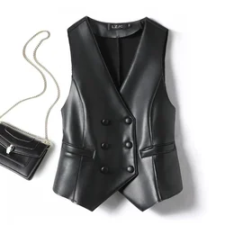 V-neck Women's Leather Vest Fashionable Double Breasted Buckle Leather Vest Women's Short Slim Fit 2024 Spring And Autumn New