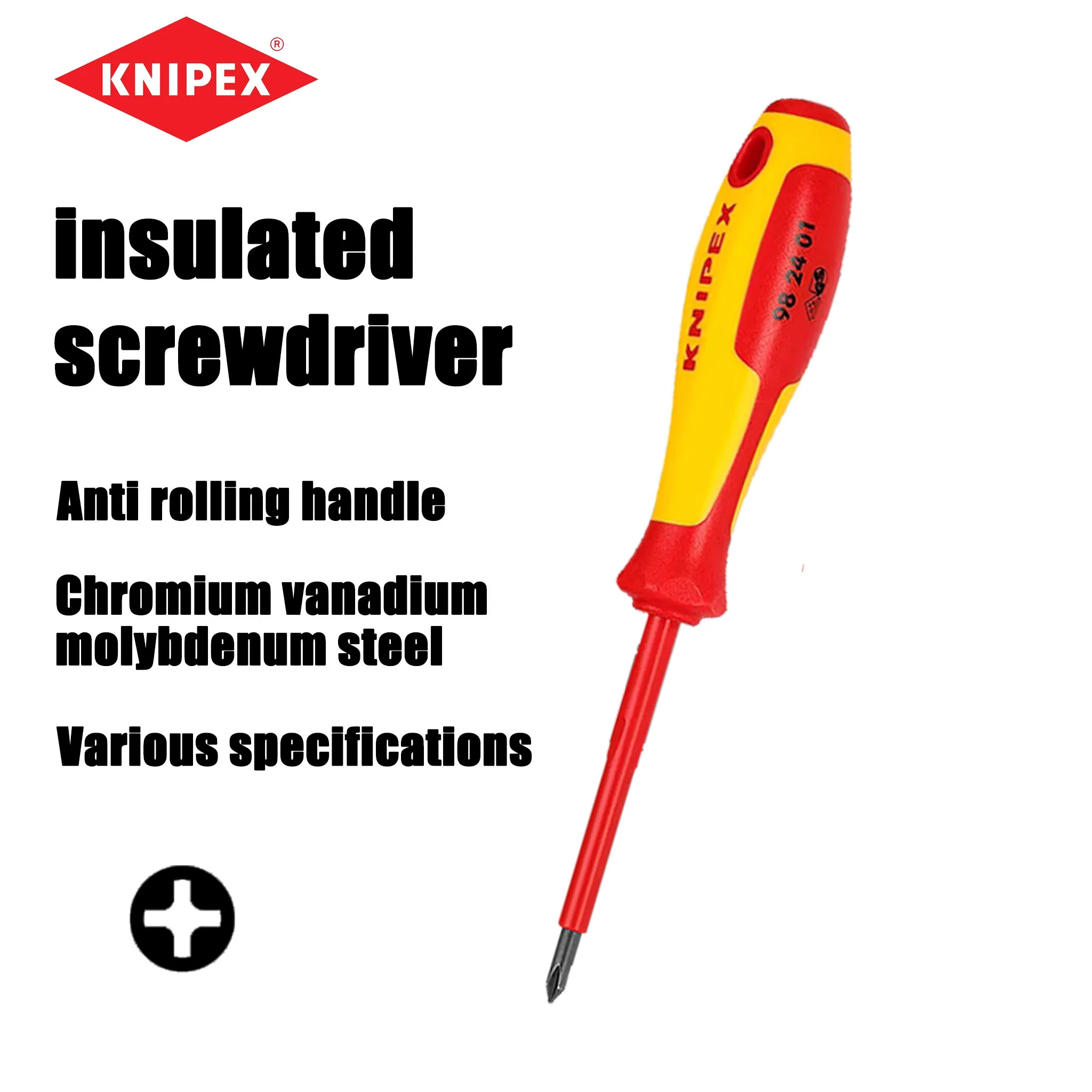 KNIPEX Electrician Insulated Cross Screwdriver, High Voltage Resistant, Professional Maintenance Manual Tool 982401