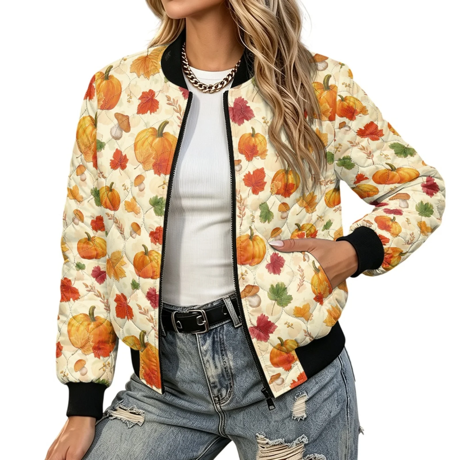 PENSTROLL Pumpkin Womens Zipper Closure Light Puffer Outerwear with Pockets Water-Resistant Winter Outerwear Coats for Party