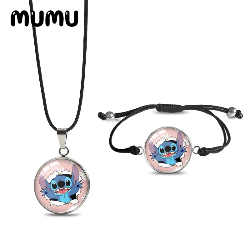 طقم قلادة وأساور بزاوية غرزة ليلو ، حبل أسود ، أطقم مجوهرات كابوشون زجاجي ، أدوات يدوية الصنع ، جديد ،