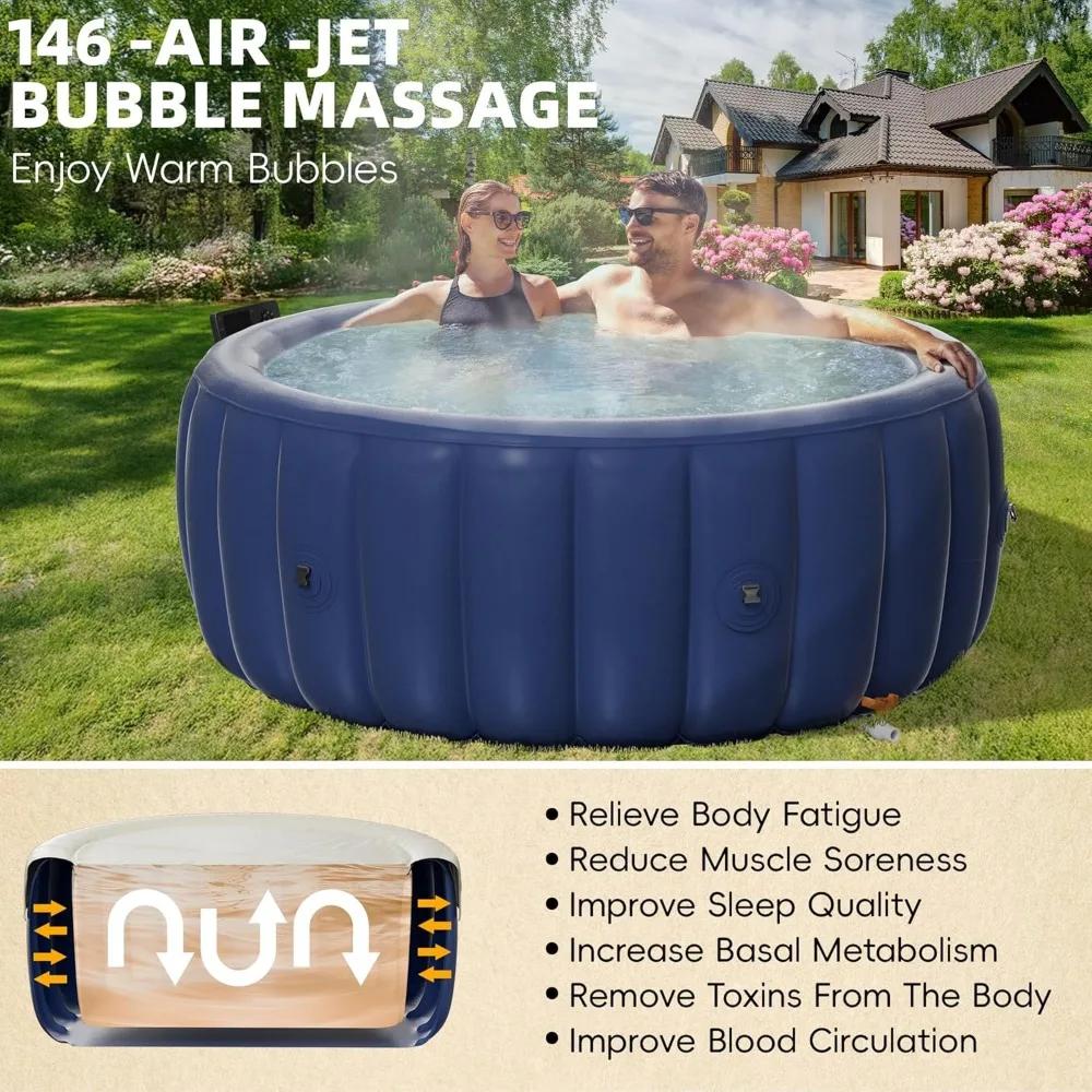 Nadmuchiwana wanna z hydromasażem dla 2–4 osób, przenośne spa na świeżym powietrzu z 146 łagodzącymi dyszami powietrznymi (73" x 28"), przenośna wanna z hydromasażem z pokrywą