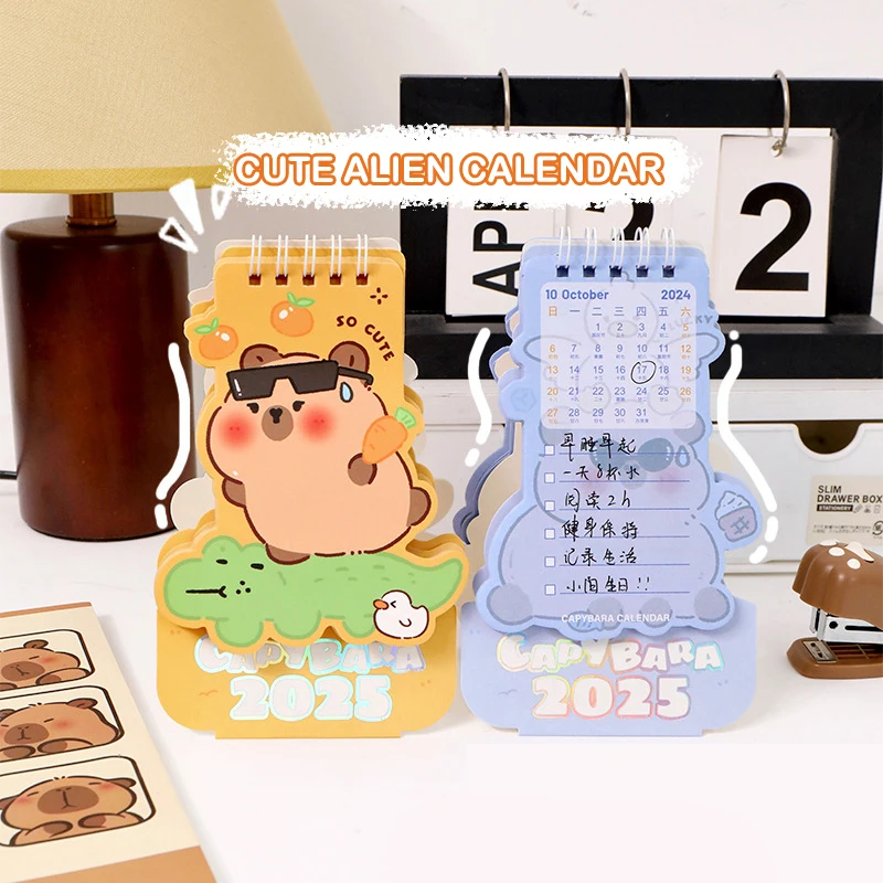 2025 Mini Simple Capybara Desktop Calendar Cute Cartoon Pattern Portable Calendar Dual Daily Scheduler Table Planner Desk Gift