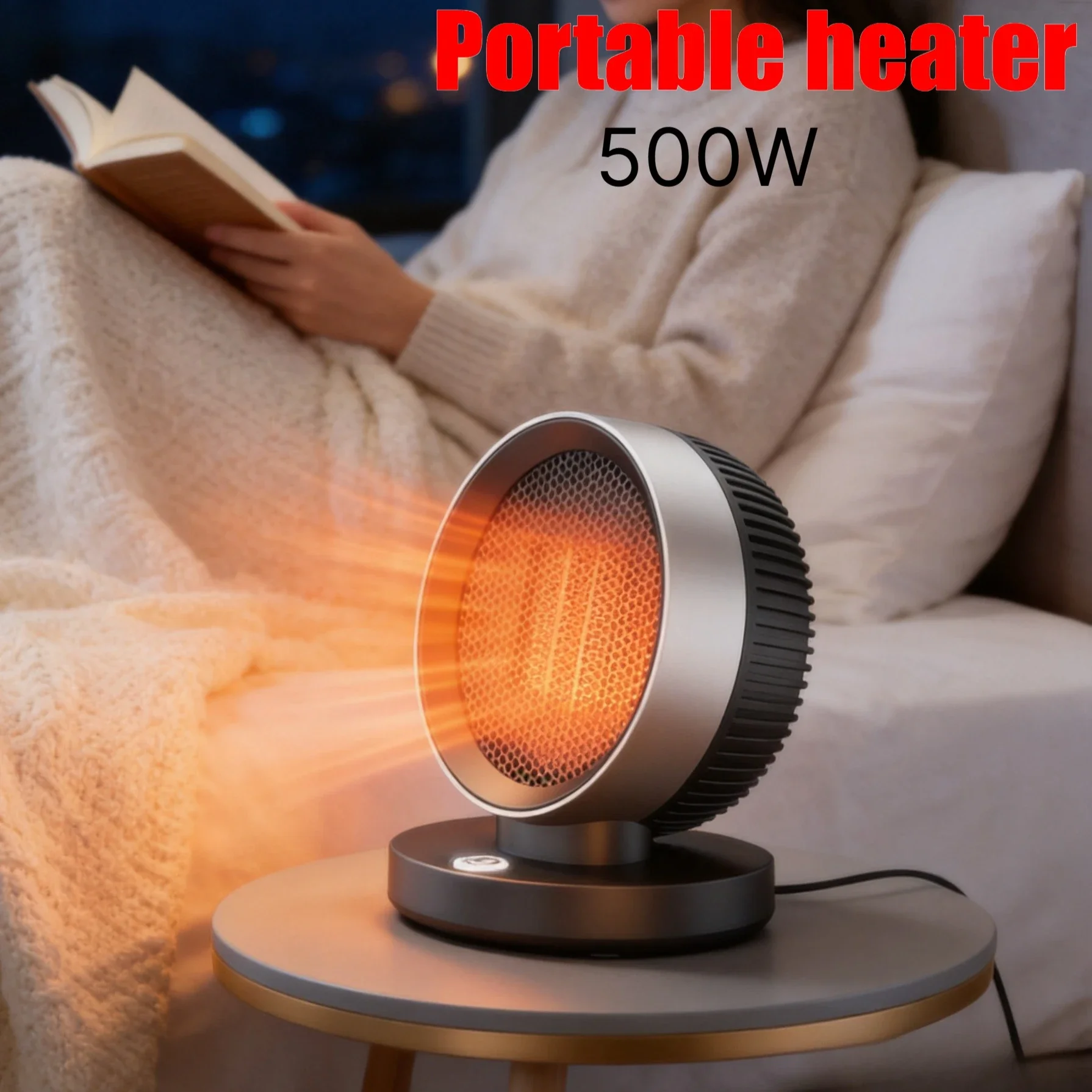 500W PTC Heater Fan Home Office Electric Heater Portable Desktop Fast Heating Tip Over Protection Low Noise Low Light