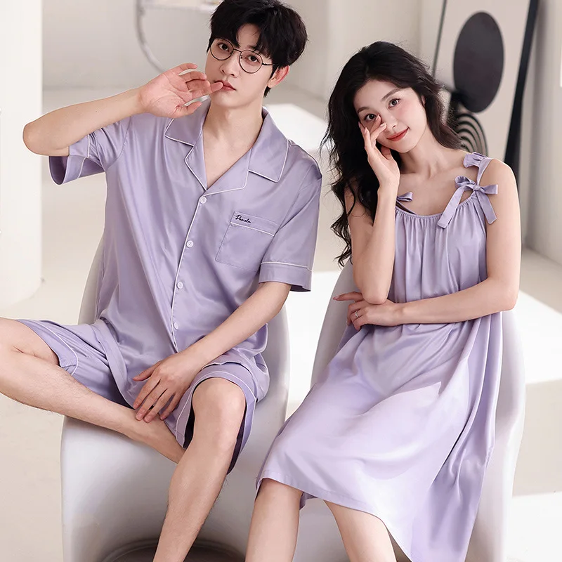 2024 Ice Silk Homewear for Couples Women and Men Matching Nightwear Cardigan Short Sleeves Shorts Nightdress Summer Lovers Pjs