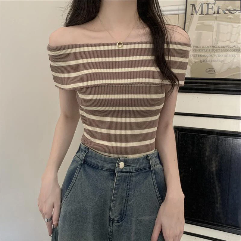 Summer Fashion Striped Knitted T-shirt Women Sexy Off Shoulder Short Sleeve Slim Top