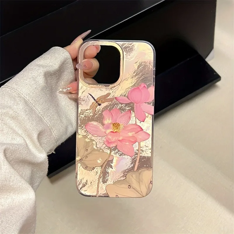 Lotus Dragonfly Phone Case For iPhone 16 15 14 13 12 11 Mini Pro Max X XR XSMax 7 8 Plus Glacier Pattern Shockproof Soft Cover