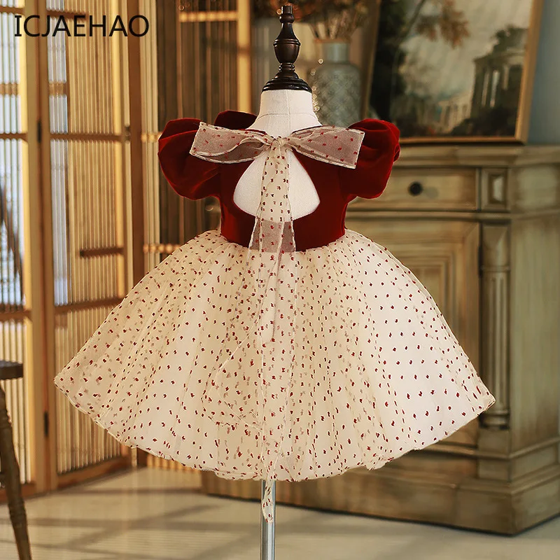 

ICJAEHAO Baby Girl Flower Polka Dots Bridemaid Dresses For Kids Wedding Party Elegant Frocks Children Vintage Ball Gowns Outfit