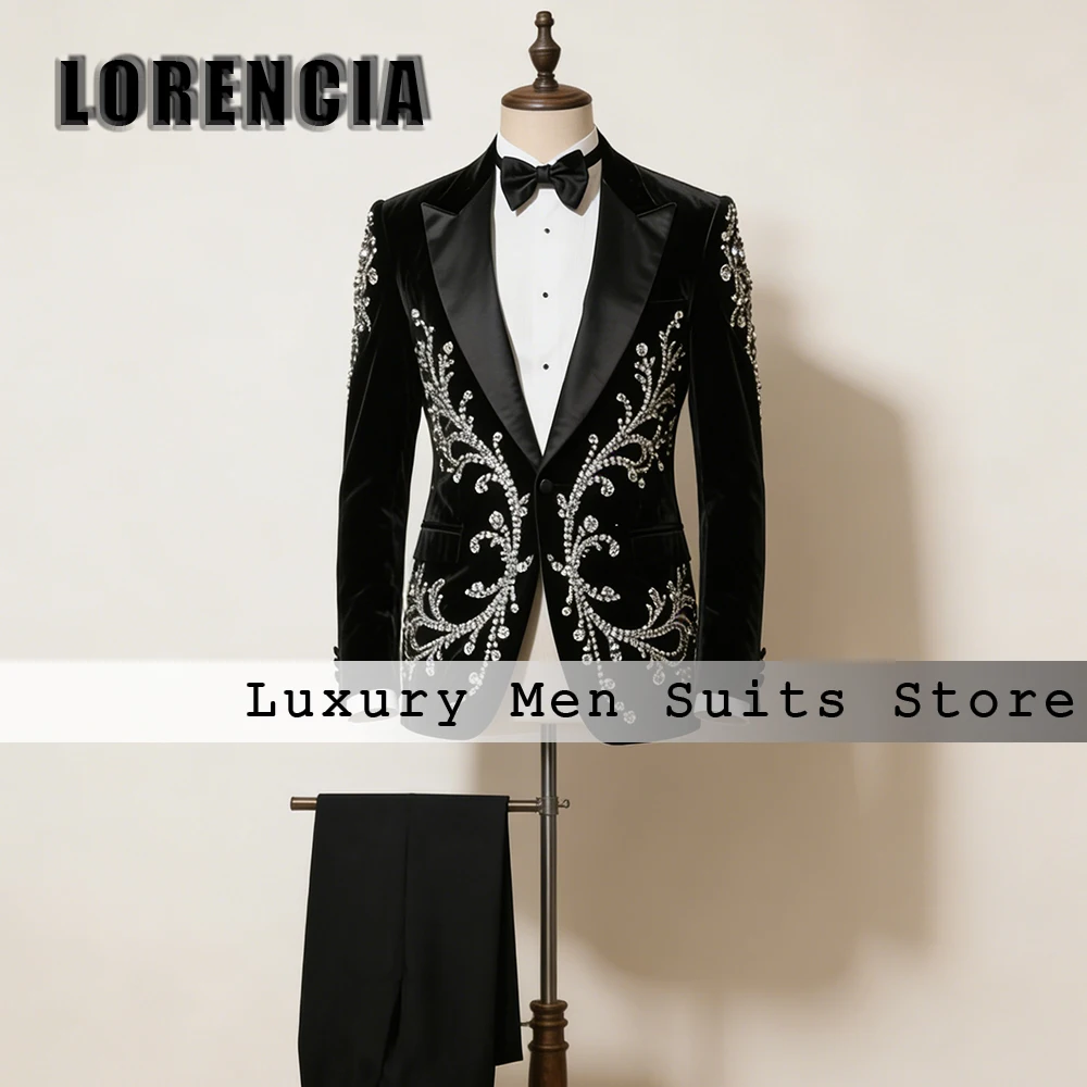 

Luxury Rhinestone Suits for Men 2 Pieces Velvet Tuxedos Peaked Lapel Evening Party Outfits Customized Blazer Pants ropa hombre