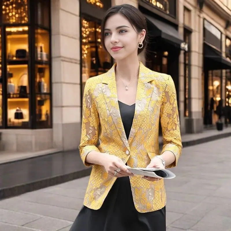 

Design Sense Lace 2026 New Spring Top Women's Casual Three Quarter Sleeve Coat Lady Summer Suit Blu