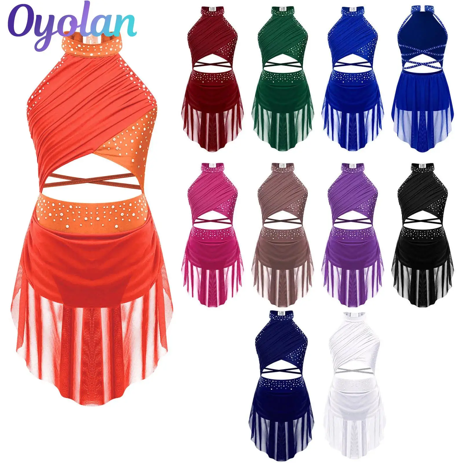 

Kids Girls Gymnastics Figure Skating Ballet Tutu Lyrical Dance Performance Costume Glittery Rhinestone Leotard Overlay Dresses