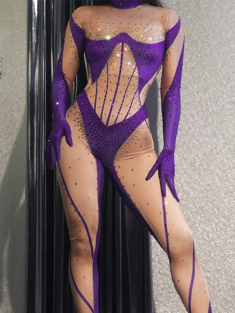 Seksowny kombinezon z dżetami, fioletowy, strój dla tancerki klubowej, kostium sceniczny, odzież na imprezę w klubie nocnym, strój DJ-a