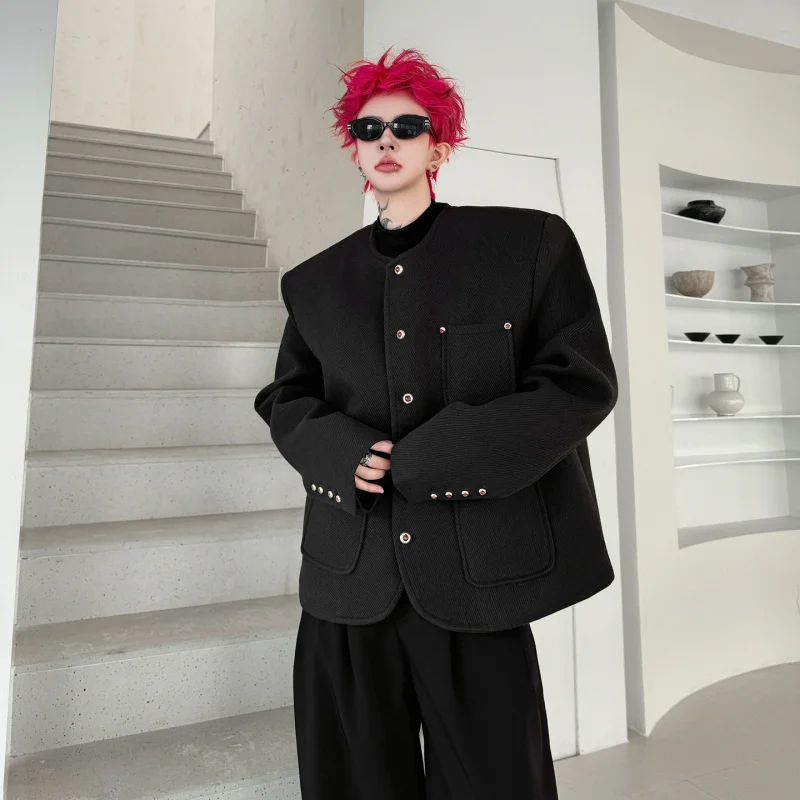 

Утепленная хлопковая мужская куртка без воротника, зимняя, модная, повседневная, с круглым низом, длинными рукавами, на одной пуговице