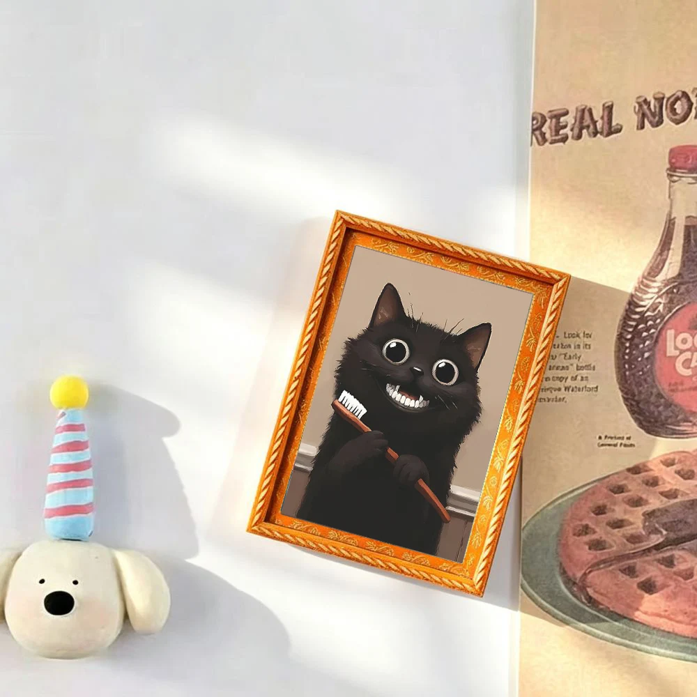 1 Piece of a Quirky Little Black Cat Holding a Toothbrush in a Photo Frame Fridge Magnet, a Vintage Gold-Framed Fun Cat Brushing Teeth Fridge Magnet, a Quirky Cute Animal Magnet, Suitable for Decorating Kitchen Refrigerator Doors, a Small Gift Item, Adding a Fun Atmosphere to Life
