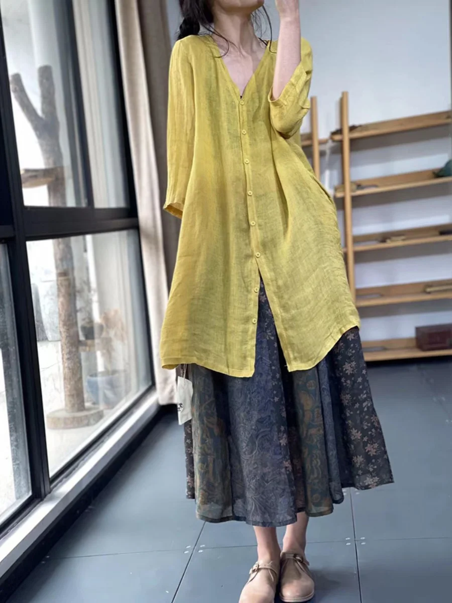 

Women's Cotton Linen Sun Protection irt Summer New Loose Slimming Artistic Color Midi irt Commute Sle Regular Sve