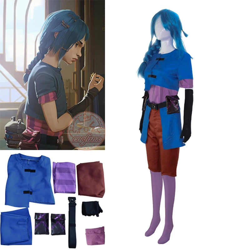 

Аниме игра LOL Arcane Powder косплей Jinx костюм детства младшего возраста униформа синее пальто брюки аксессуары для девочек