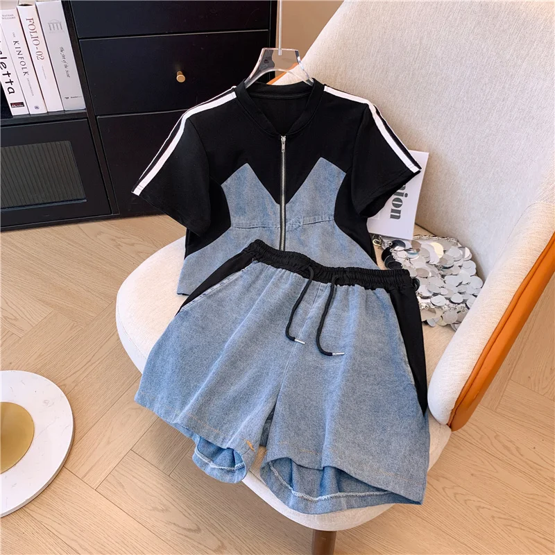 Denim patchwork Two-piece Set Women Summer HongKong Tops Wide Leg Shorts Short-sleeved zipper Shirt+Shorts Casual Sports Suit