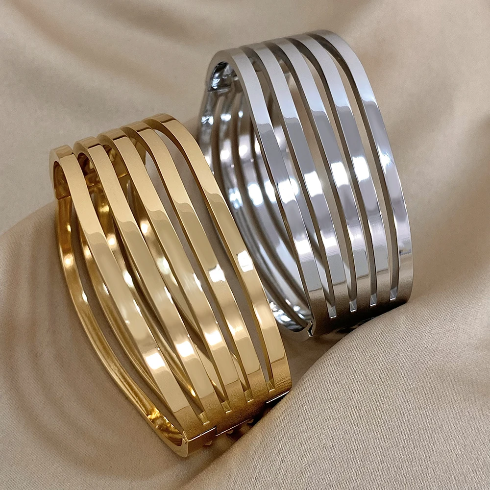 Stainless Steel Bangles Bracelets Multi-layered Line Wide Cuff for Women Vintage Fashion Versatile Hinged Waterproof Jewelry