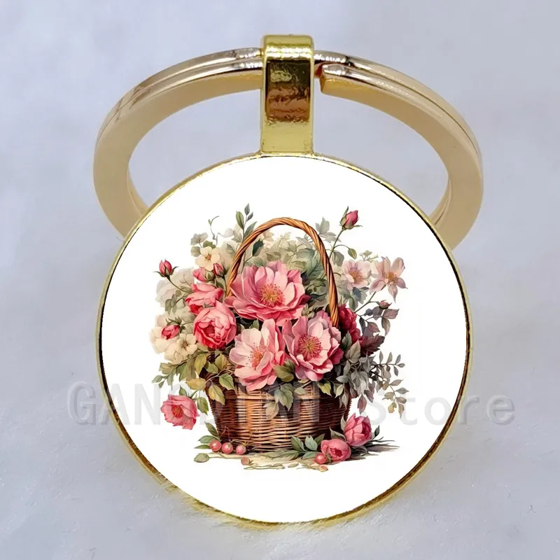 Unique wild rose basket, beautiful flower pictures printed glass convex circular keychain jewelry