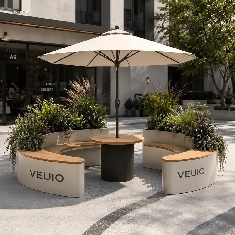 Metal Outdoor Planter Bench with Table Umbrella Hole Patio Garden Seating Commercial Cafe Furniture