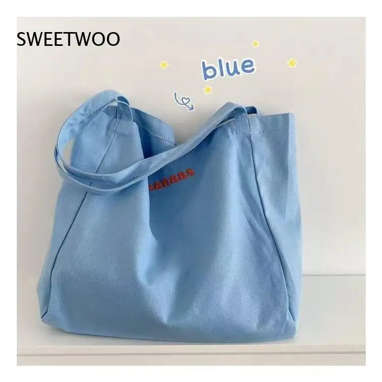 Pastel Color Washed Canvas Tote Bag Minimal Letter Embroidery Large Capacity Soft Fabric Shoulder Bag for Student Daily Shopping