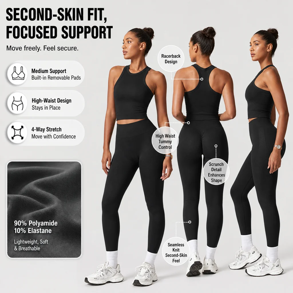 Women's 2-Piece Halter V-Neck Crop Top & High Waist Seamless Leggings Set Removable Pads Scrunch Booty Gym Yoga Outfit S-XL
