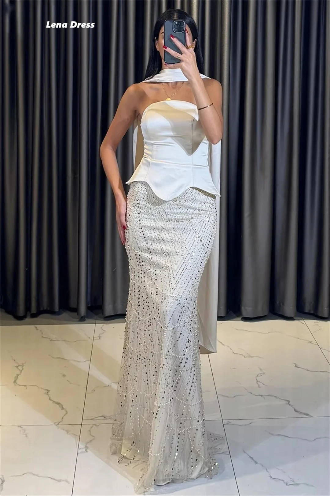 레나 맞춤 제작 프롬 드레스 2025 럭셔리 파티 이브닝 드레스 여성용 숄 비즈 피쉬테일 민소매 맞춤형 행사 드레스