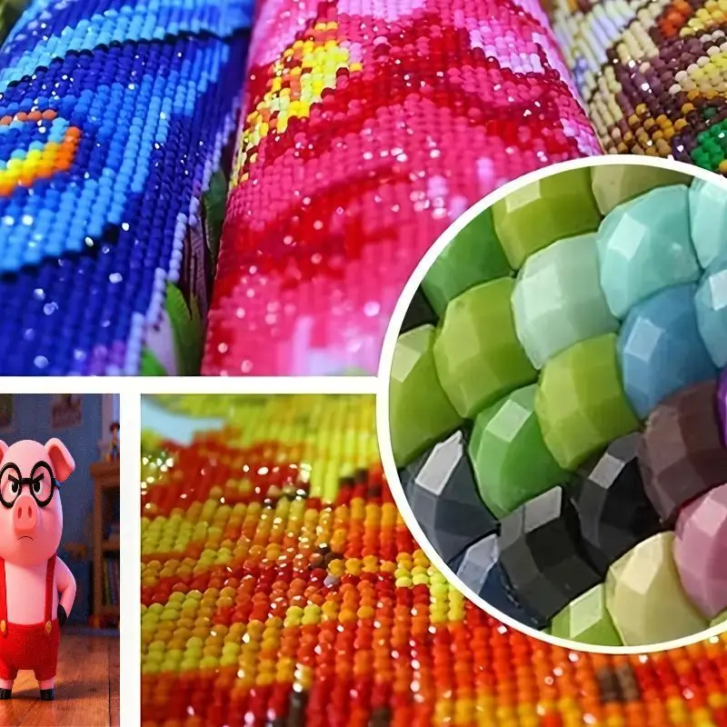 مجموعة طلاء ماسية خماسية الأبعاد مكونة من قطعة واحدة، خنزير غاضب كرتوني مضحك للأطفال مع نظارات وزرة حمراء، حفر مربع كامل من حجر الكريستال