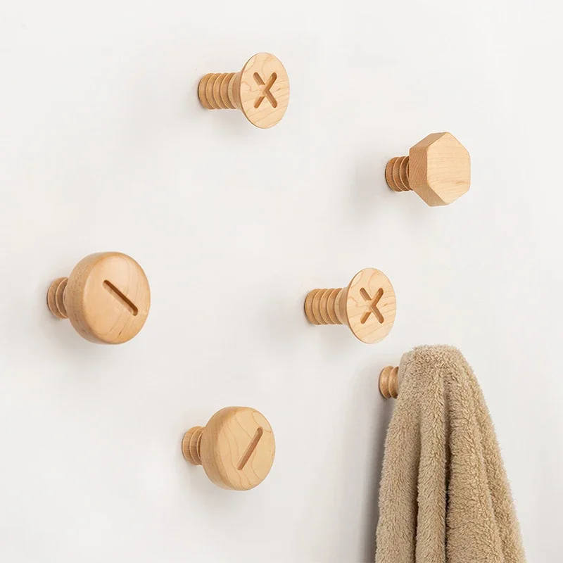 Wall Hooks Wood Clothes Coat Hook Screw Design Key Holder Hooks For Hanging Beech Wood Hat Clothes Rack Nordic Home Accessories