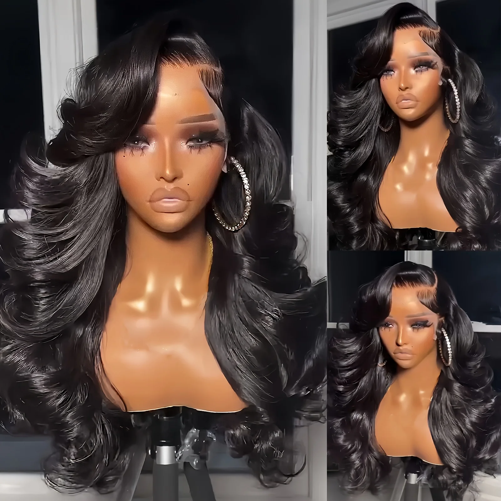 28-inch Tapeless Lace Front Wig - 250% Density Natural Black Waves, Realistic Human Hair, 13x4 HD Transparent Lace Closure