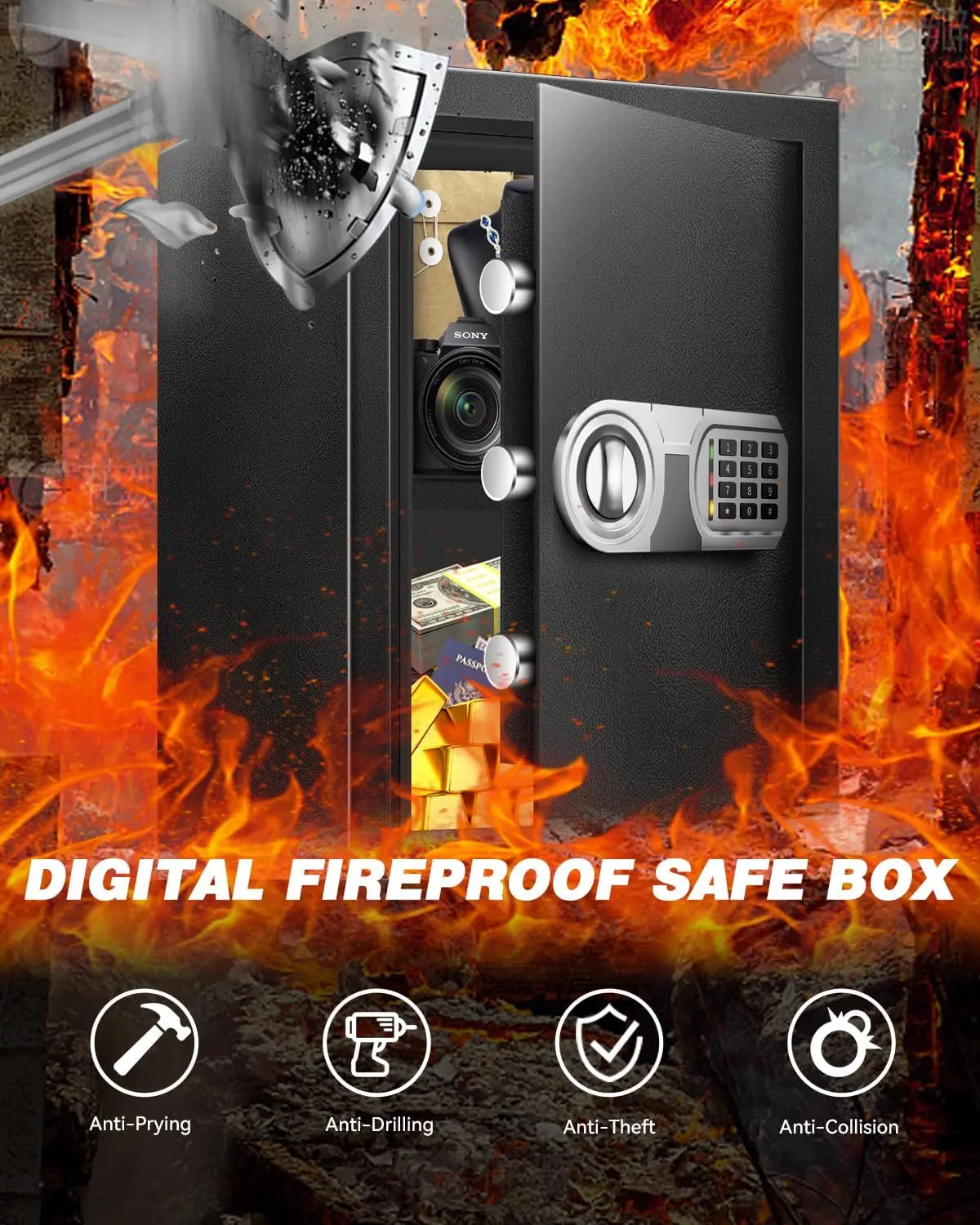 Secure Home Safe with Alarm, USB-C Power & Quiet Access - 2.0 CuFt Mid-Size Cabinet Safe for Bedroom or Office, Motion Light, Ke