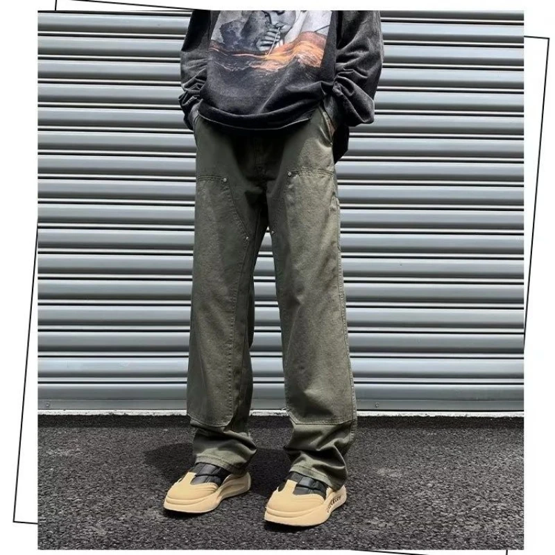 Spring Autumn New Solid Color Fashion Elastic Waist Cargo Pants Man High Street Casual Pure Cotton Pockets Patchwork Trousers